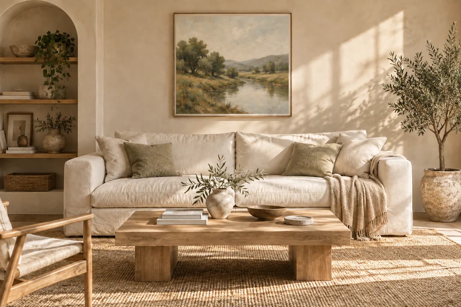 Landscape artwork creating a balanced focal point in a living room