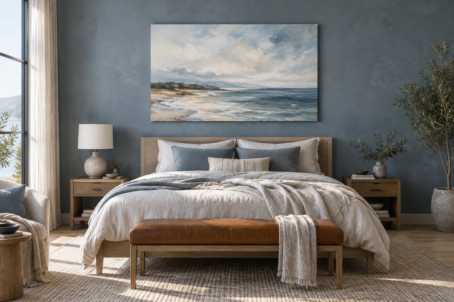 Blue bedroom with a coastal canvas above the bed