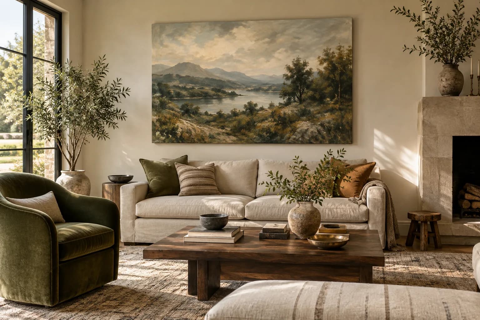 A painterly landscape brings warmth to a sunlit living room