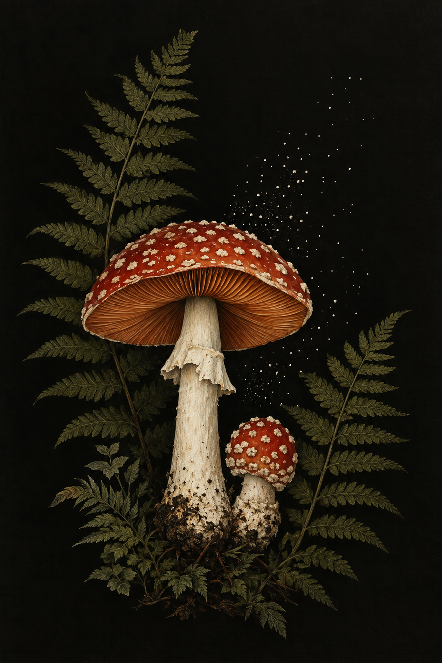Ferns After Dark: Two vermilion mushrooms rise among shadowed ferns against a near-black ground