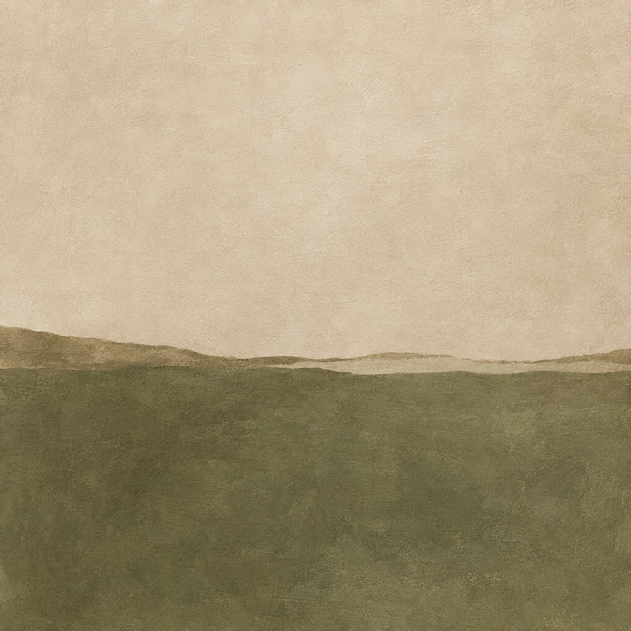 Olive Horizon: A broad olive field meets a warm, plaster-toned sky at a soft, uneven horizon